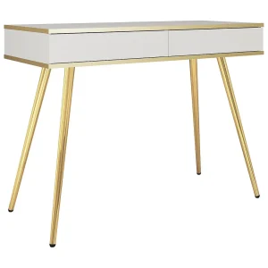 Kaptafel 100 cm voor de slaapkamer Rodi, lade, gouden accenten – wit + goud Kaptafel 100 cm voor de slaapkamer Rodi, lade, gouden accenten – wit + goud