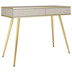 Kaptafel 100 cm voor de slaapkamer Rodi, lade, gouden accenten – beige + goud Kaptafel 100 cm voor de slaapkamer Rodi, lade, gouden accenten – beige + goud