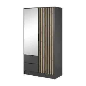 Kast met spiegel Fioro – draaideurkast 100 cm, 2 deuren, lades – lamellen, kledingroede, grafiet Kast met spiegel Fioro – draaideurkast 100 cm, 2 deuren, lades – lamellen, kledingroede, grafiet