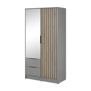 Kast met spiegel Fioro – draaideurkast 100 cm, 2 deuren, lades – lamellen, kledingroede, grijs Kast met spiegel Fioro – draaideurkast 100 cm, 2 deuren, lades – lamellen, kledingroede, grijs
