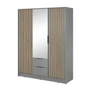 Kast met spiegel Fioro – draaideurkast 150 cm, 3 deuren, lades – lamellen, kledingroede, grijs Kast met spiegel Fioro – draaideurkast 150 cm, 3 deuren, lades – lamellen, kledingroede, grijs