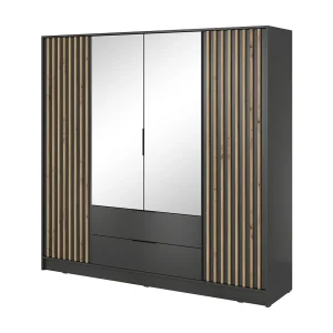 Kast met spiegel Fioro – draaideurkast 200 cm, 4 deuren, lades – lamellen, kledingroede, grafiet Kast met spiegel Fioro – draaideurkast 200 cm, 4 deuren, lades – lamellen, kledingroede, grafiet