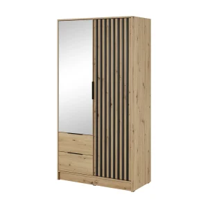 Kast met spiegel Fioro – draaideurkast 100 cm, 2 deuren, lades – lamellen, kledingroede, Artisan eiken Kast met spiegel Fioro – draaideurkast 100 cm, 2 deuren, lades – lamellen, kledingroede, Artisan eiken
