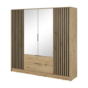 Kast met spiegel Fioro – draaideurkast 200 cm, 4 deuren, lades – lamellen, kledingroede, Artisan eiken Kast met spiegel Fioro – draaideurkast 200 cm, 4 deuren, lades – lamellen, kledingroede, Artisan eiken