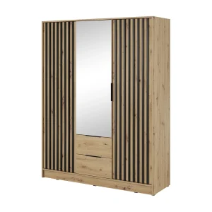 Kast met spiegel Fioro – draaideurkast 150 cm, 3 deuren, lades – lamellen, kledingroede, Artisan eiken Kast met spiegel Fioro – draaideurkast 150 cm, 3 deuren, lades – lamellen, kledingroede, Artisan eiken