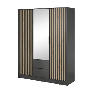 Kast met spiegel Fioro – draaideurkast 150 cm, 3 deuren, lades – lamellen, kledingroede, grafiet Kast met spiegel Fioro – draaideurkast 150 cm, 3 deuren, lades – lamellen, kledingroede, grafiet