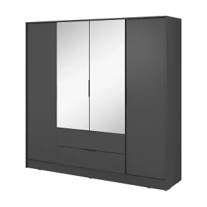 Kast met spiegel 200 cm Kalma 4DL – Draaideurkast met 2 lades, kledingroede – grafiet Kast met spiegel 200 cm Kalma 4DL – Draaideurkast met 2 lades, kledingroede – grafiet