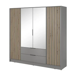 Kast met spiegel Fioro – draaideurkast 200 cm, 4 deuren, lades – lamellen, kledingroede, grijs Kast met spiegel Fioro – draaideurkast 200 cm, 4 deuren, lades – lamellen, kledingroede, grijs