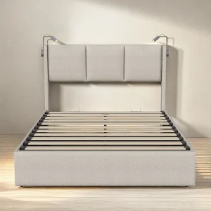 Hydraulisch opbergbed met leeslampen en USB-oplaadpoort – 160 x 200 cm – Beige Linnen Hydraulisch opbergbed met leeslampen en USB-oplaadpoort – 160 x 200 cm – Beige Linnen