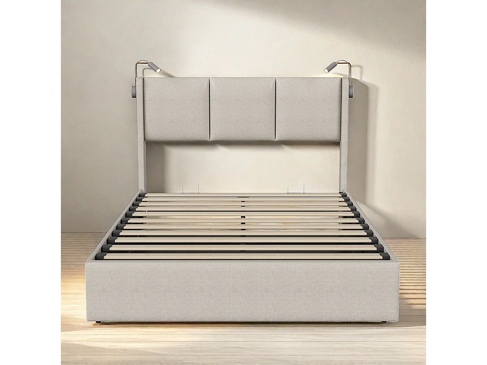 Hydraulisch opbergbed met leeslampen en USB-oplaadpoort - 160 x 200 cm - Beige Linnen