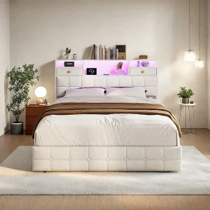Hydraulisch opbergbed met LED-verlichting – 160 x 200 cm – USB-oplaadpoort en 2 laden – Fluweel – Beige Hydraulisch opbergbed met LED-verlichting – 160 x 200 cm – USB-oplaadpoort en 2 laden – Fluweel – Beige