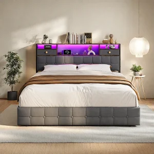 Hydraulisch opbergbed met LED-verlichting – 140 x 200 cm – USB-oplaadpoort en 2 laden – Fluweel – Grijs Hydraulisch opbergbed met LED-verlichting – 140 x 200 cm – USB-oplaadpoort en 2 laden – Fluweel – Grijs