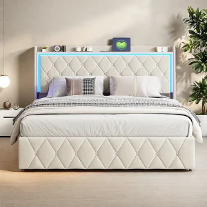 Hydraulisch opbergbed – 140 x 190 cm – Rivet Rhombus Design met LED-verlichting en opbergruimte – Fluweel – Beige Hydraulisch opbergbed – 140 x 190 cm – Rivet Rhombus Design met LED-verlichting en opbergruimte – Fluweel – Beige