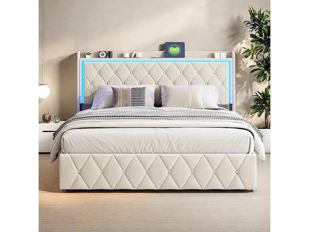 Hydraulisch opbergbed - 140 x 190 cm - Rivet Rhombus Design met LED-verlichting en opbergruimte - Fluweel - Beige