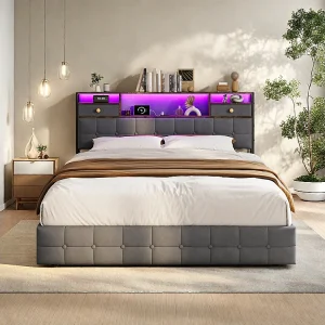 Hydraulisch opbergbed met LED-verlichting, USB-oplaadpoort en 2 laden – Fluweel – Grijs 160 x 200cm Hydraulisch opbergbed met LED-verlichting, USB-oplaadpoort en 2 laden – Fluweel – Grijs 160 x 200cm