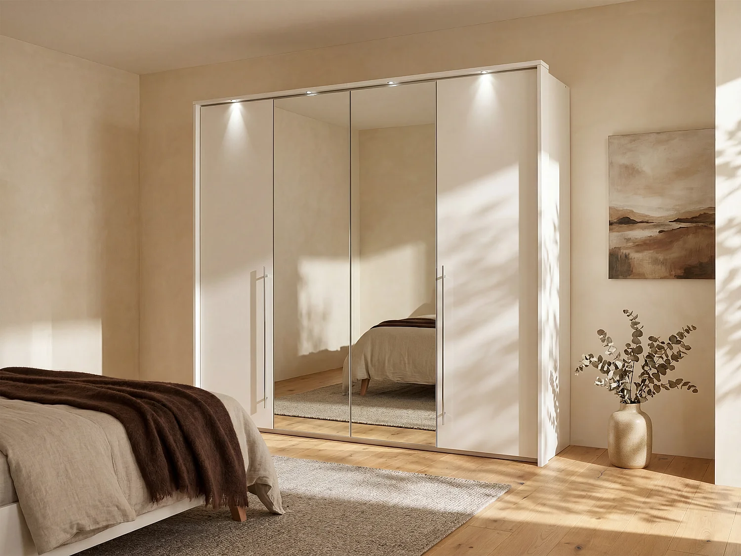 Tweedeurs kledingkast met spiegel en LED's L255 cm wit INGINA
