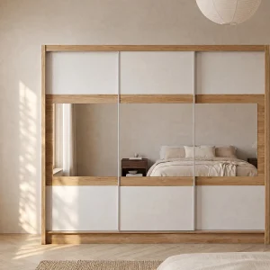 Naturelkleurige en witte kast met 3 schuifdeuren met spiegel L250 cm – LEOVIA