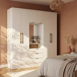 Kast met 6 deuren en 3 lades met spiegel L180 cm, wit – ELORIO Kast met 6 deuren en 3 lades met spiegel L180 cm, wit – ELORIO