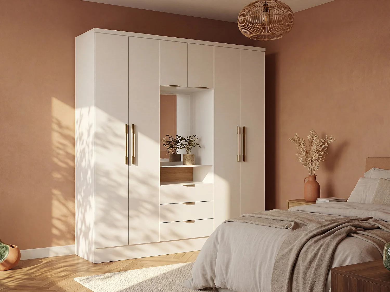 Kast met 6 deuren en 3 lades met spiegel L180 cm, wit - ELORIO