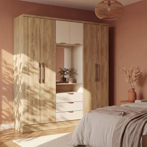 Kast met 6 deuren en 3 lades met spiegel L180 cm, naturel en beige – ELORIO Kast met 6 deuren en 3 lades met spiegel L180 cm, naturel en beige – ELORIO