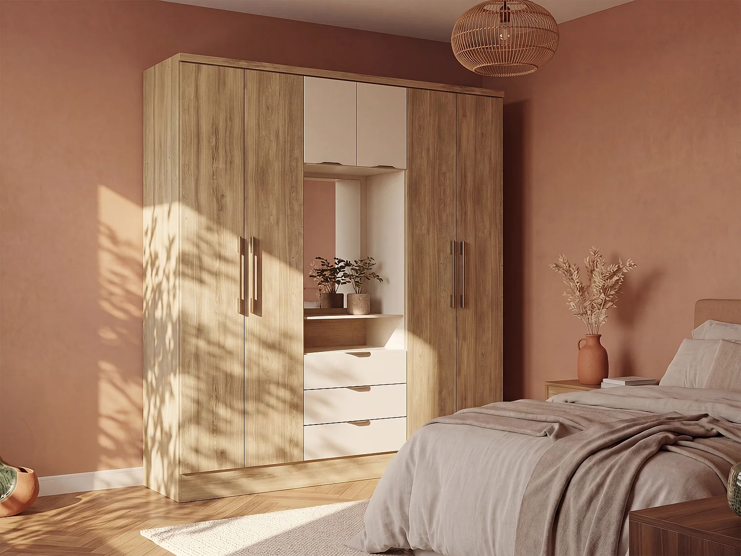 Kast met 6 deuren en 3 lades met spiegel L180 cm, naturel en beige - ELORIO