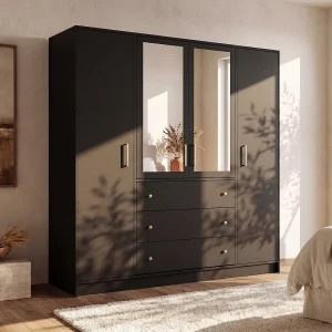 Kast met 4 deuren en 3 lades met spiegels L196 cm zwart – LIZANDRO Kast met 4 deuren en 3 lades met spiegels L196 cm zwart – LIZANDRO