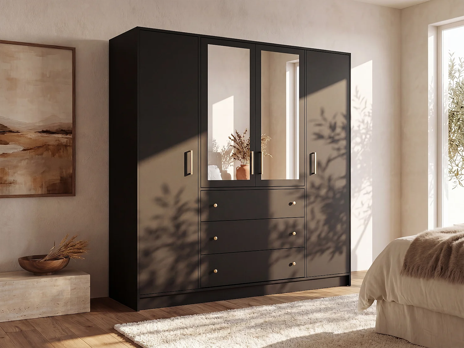 Kast met 4 deuren en 3 lades met spiegels L196 cm zwart - LIZANDRO