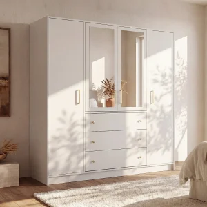 Kast met 4 deuren en 3 lades met spiegels L196 cm wit – LIZANDRO Kast met 4 deuren en 3 lades met spiegels L196 cm wit – LIZANDRO