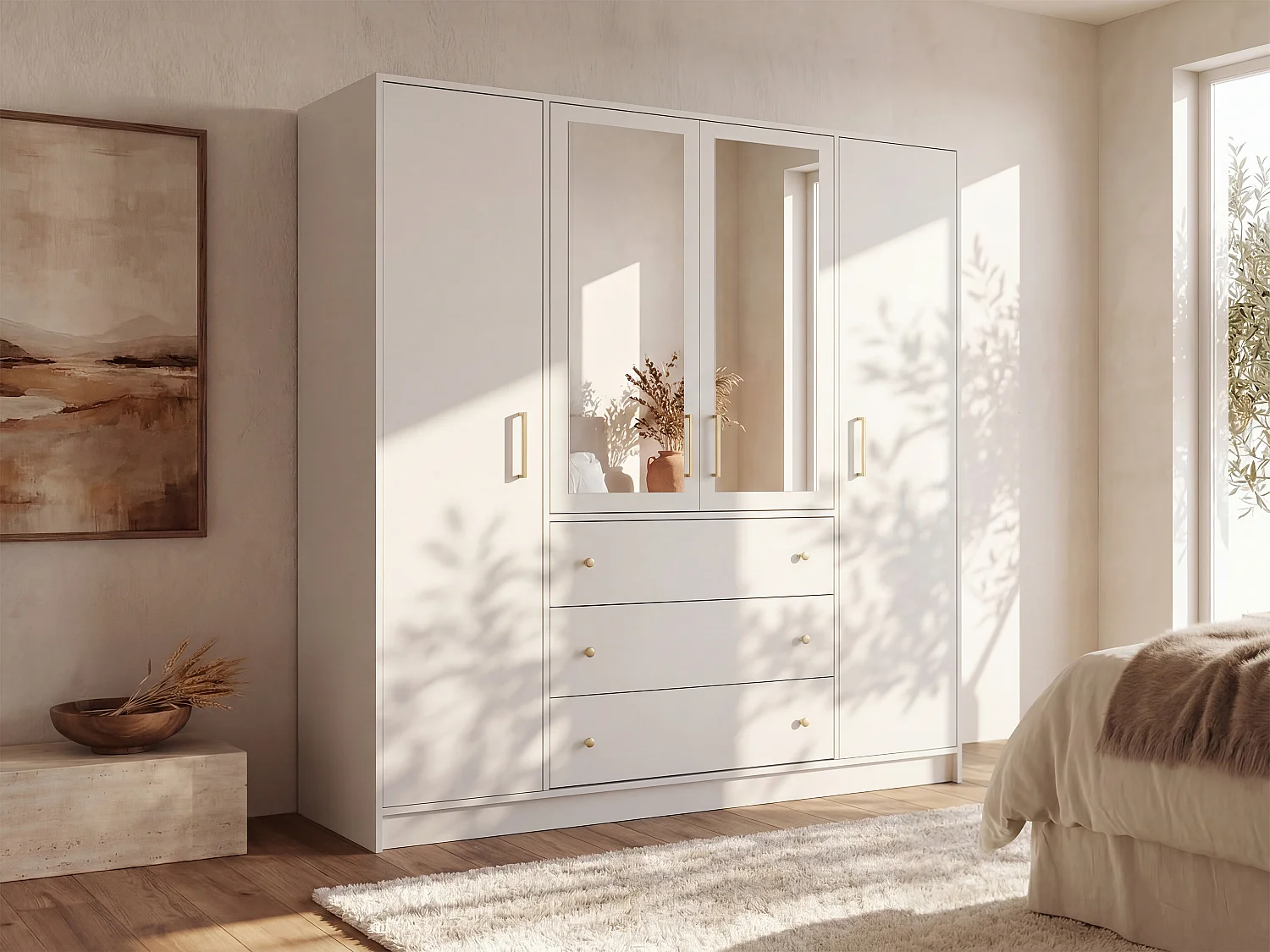 Kast met 4 deuren en 3 lades met spiegels L196 cm wit - LIZANDRO
