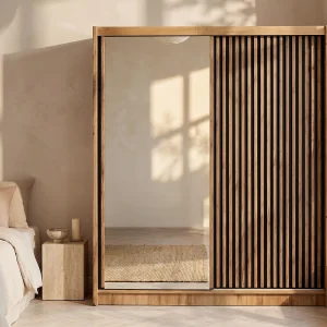 Kast met 2 schuifdeuren met spiegel L203 cm kleuren: houtlook en zwart – CALOWI Kast met 2 schuifdeuren met spiegel L203 cm kleuren: houtlook en zwart – CALOWI