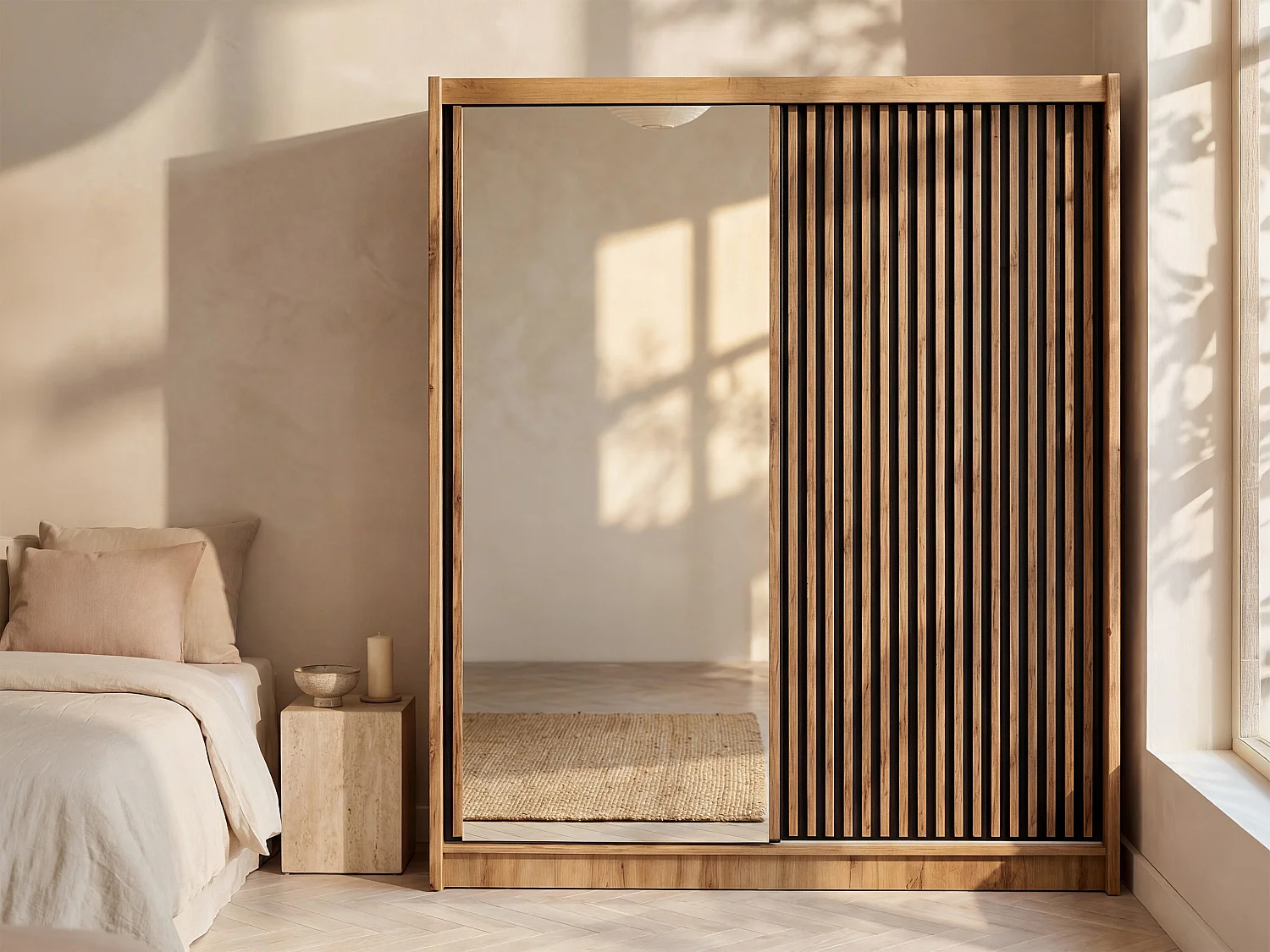 Kast met 2 schuifdeuren met spiegel L203 cm kleuren: houtlook en zwart - CALOWI