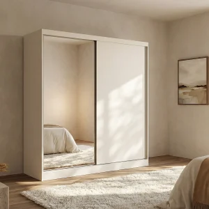 Kast met 2 schuifdeuren met spiegel, L200 cm, wit – OCHIRA Kast met 2 schuifdeuren met spiegel, L200 cm, wit – OCHIRA