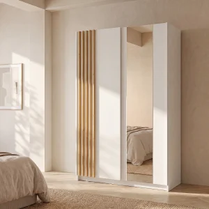 Kast met 2 schuifdeuren met spiegel L150 cm wit en houtlook – CALELA Kast met 2 schuifdeuren met spiegel L150 cm wit en houtlook – CALELA