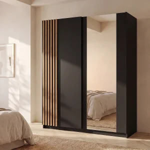 Kast met 2 schuifdeuren met spiegel L200 cm zwart en houtlook – CALELA Kast met 2 schuifdeuren met spiegel L200 cm zwart en houtlook – CALELA