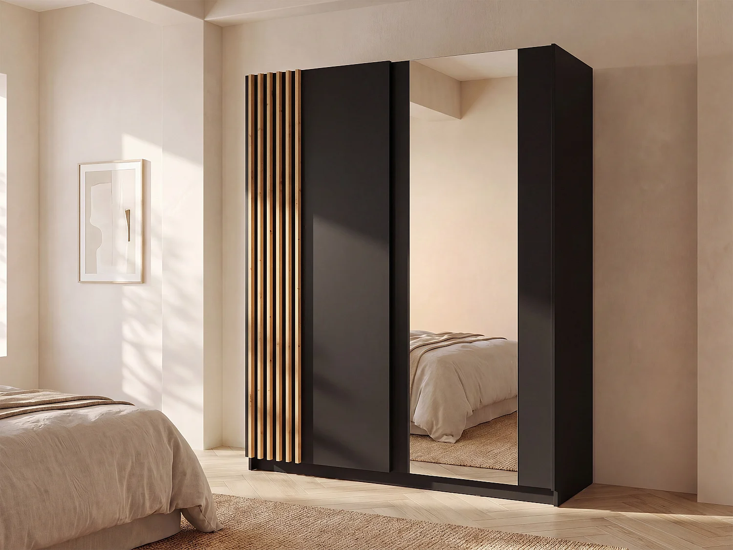 Kast met 2 schuifdeuren met spiegel L200 cm zwart en houtlook - CALELA