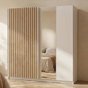 Kast met 2 schuifdeuren met spiegel, L200 cm, wit en naturel – TINDANIA Kast met 2 schuifdeuren met spiegel, L200 cm, wit en naturel – TINDANIA
