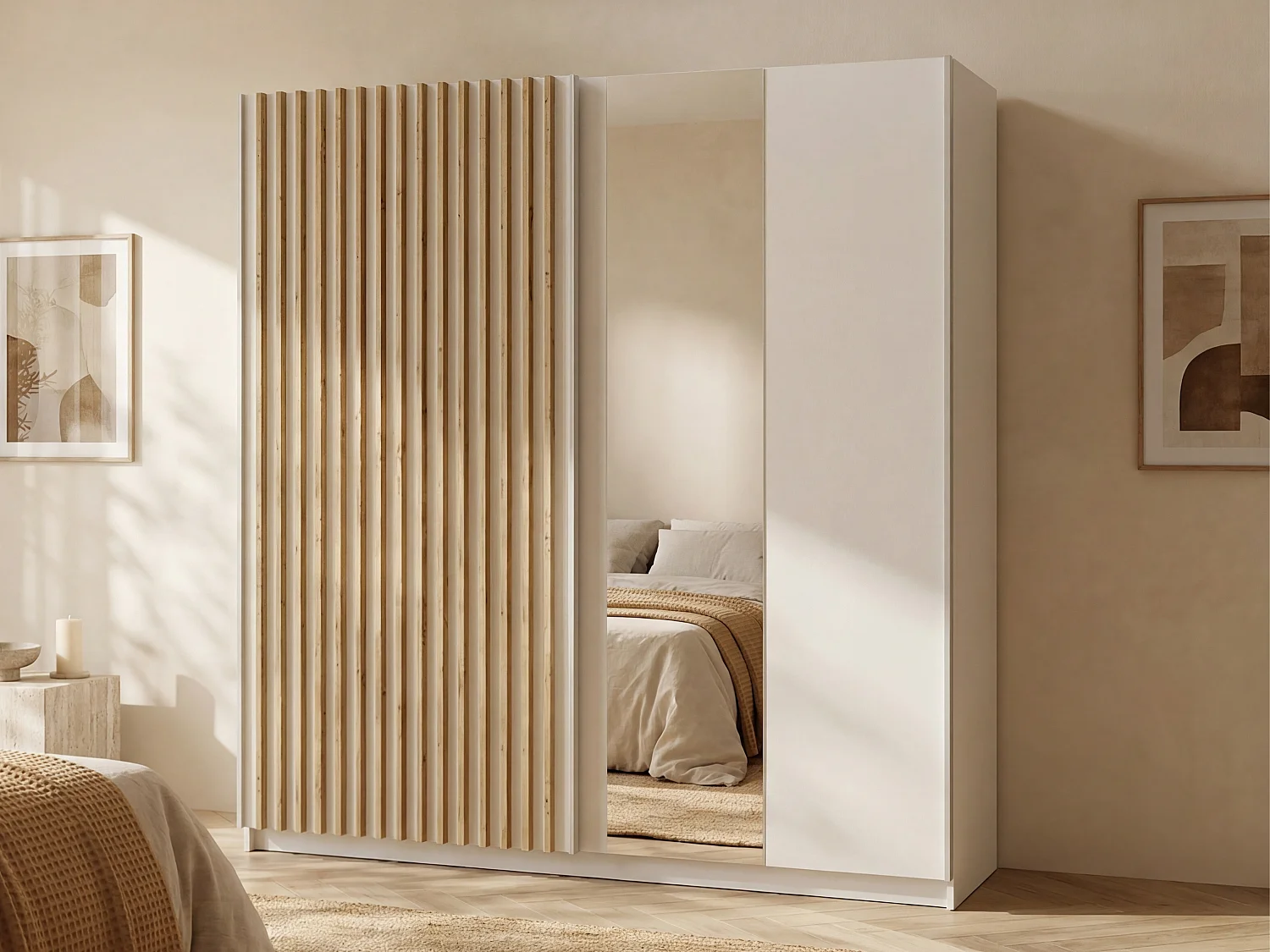 Kast met 2 schuifdeuren met spiegel, L200 cm, wit en naturel - TINDANIA