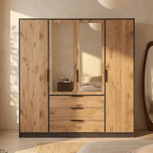 Kast met 4 deuren en 3 lades met spiegels L196 cm kleuren houtlook en zwart – LAMIKI Kast met 4 deuren en 3 lades met spiegels L196 cm kleuren houtlook en zwart – LAMIKI