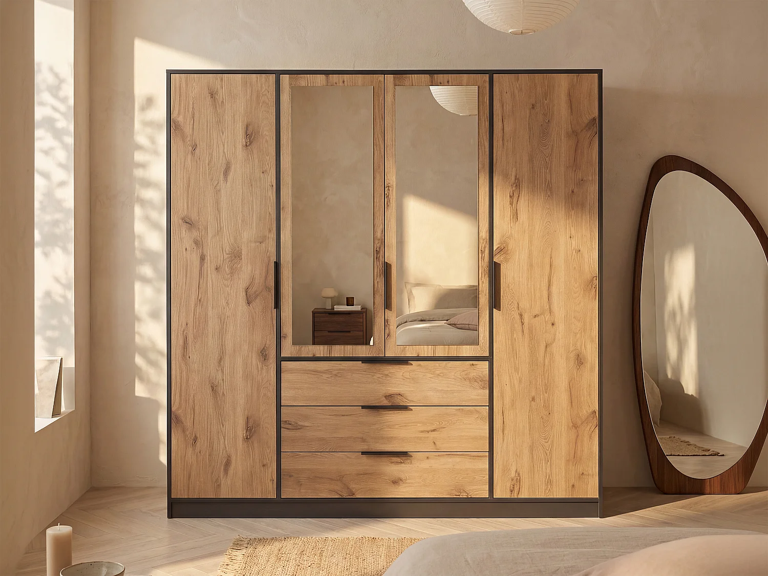 Kast met 4 deuren en 3 lades met spiegels L196 cm kleuren houtlook en zwart - LAMIKI