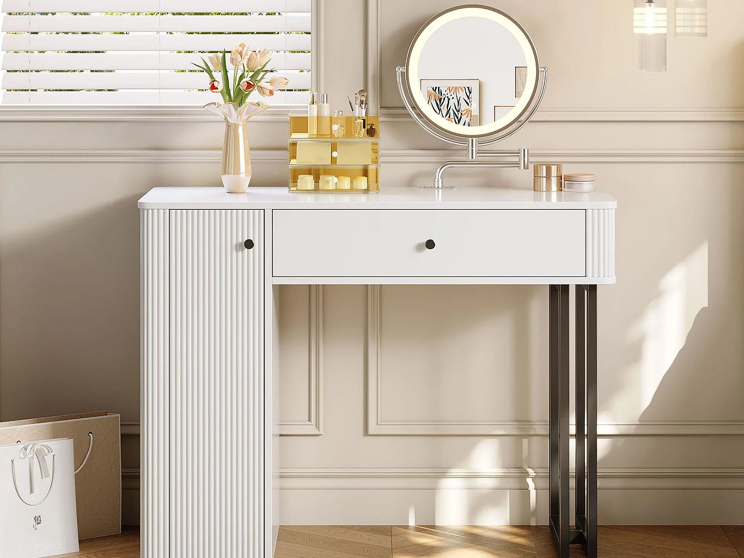 Kaptafel met spiegel 100x40x116 cm - met 3-kleuren LED-verlichting - met 1 lade en 1 deur - Wit
