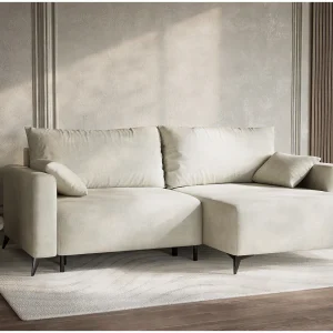 Hoekslaapbank met hoek rechts in chenille stof creme LEON Hoekslaapbank met hoek rechts in chenille stof creme LEON