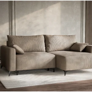 Hoekslaapbank met hoek rechts in veloursstof donkerbeige LEON