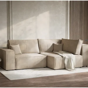 Hoekslaapbank met hoek rechts in chenille stof beige TONGA Hoekslaapbank met hoek rechts in chenille stof beige TONGA