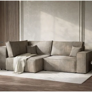 Hoekslaapbank met hoek links in chenille stof taupe TONGA Hoekslaapbank met hoek links in chenille stof taupe TONGA