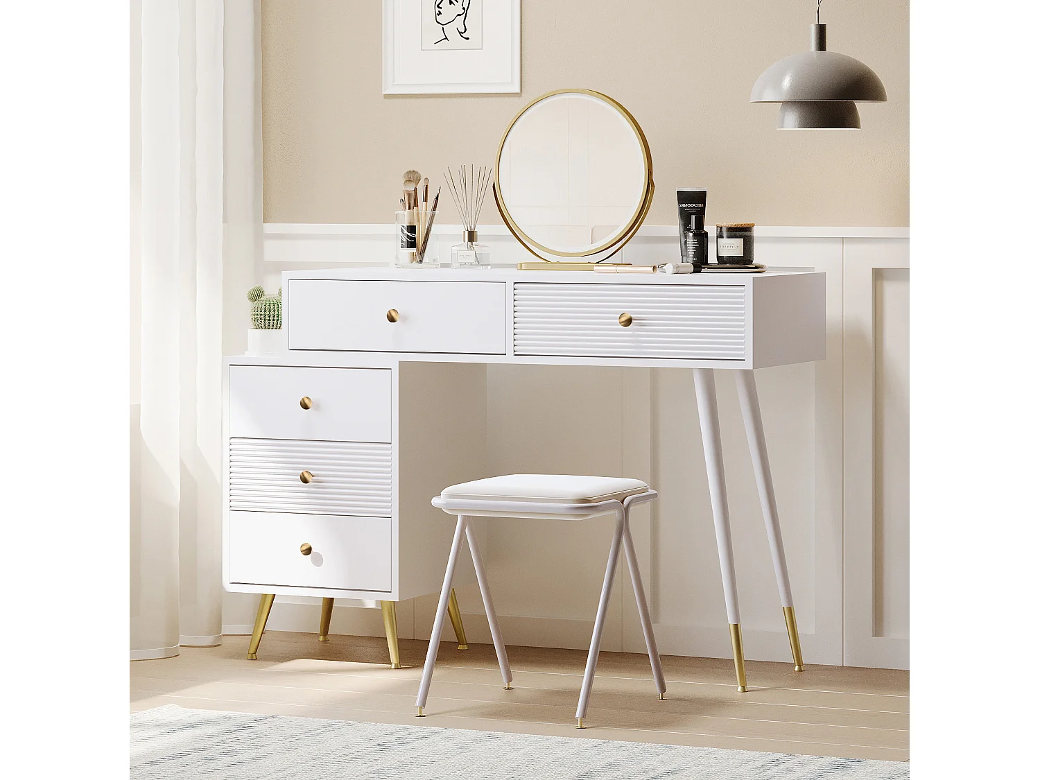 Kaptafel 100x40x78,5 cm met LED-verlichting, spiegel en lades, spaanplaat in wit voor slaapkamer