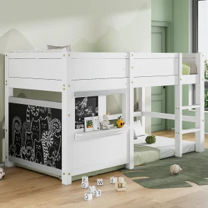 Huisbed stapelbed 90×200 cm van massief grenenhout, wit, met krijtborden en opbergplankje Huisbed stapelbed 90×200 cm van massief grenenhout, wit, met krijtborden en opbergplankje