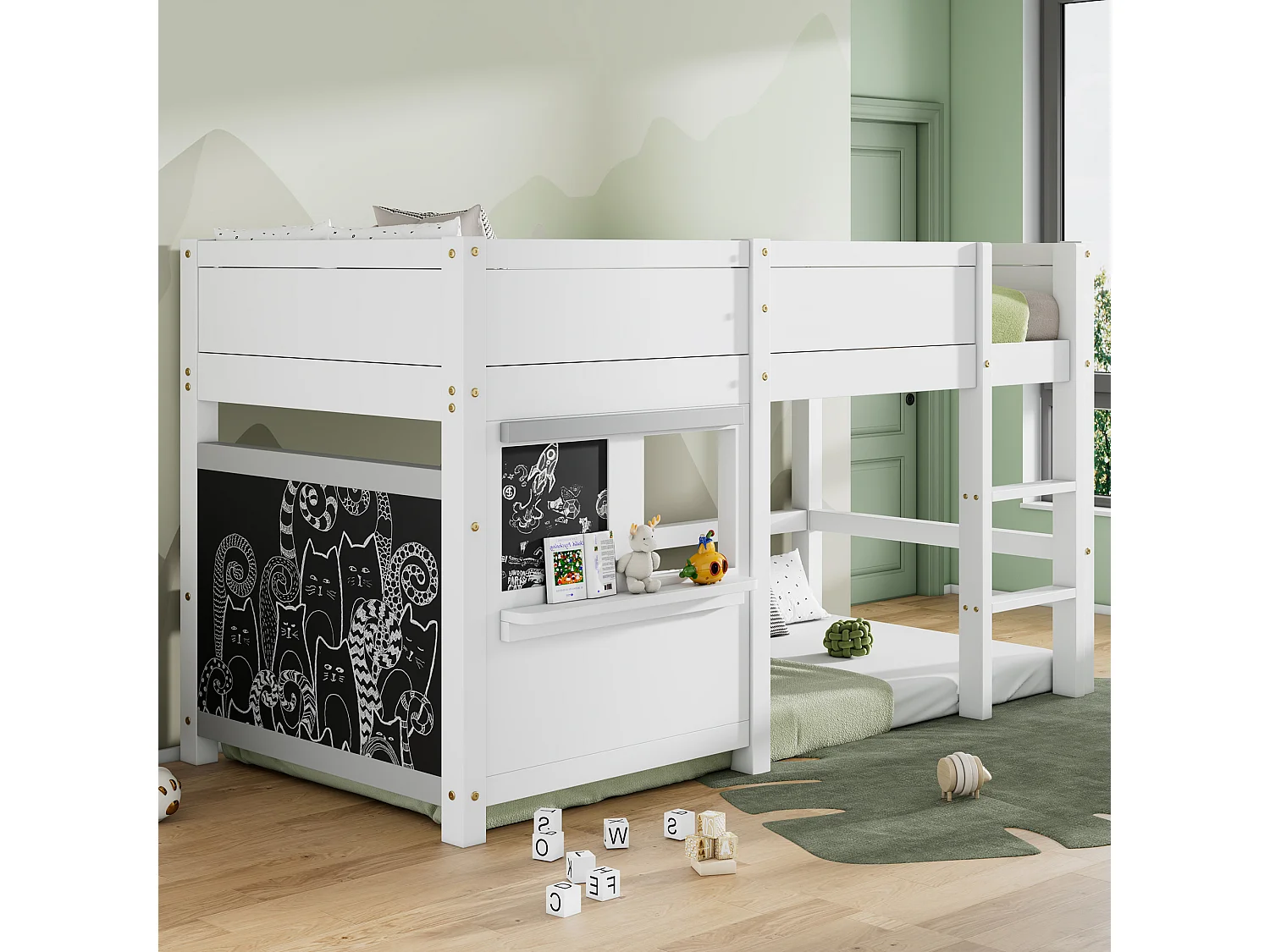Huisbed stapelbed 90x200 cm van massief grenenhout, wit, met krijtborden en opbergplankje