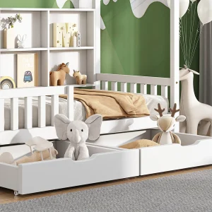 Huisbed kinderbed 90×200 cm van massief grenenhout, wit, met opbergrek en 2 lades Huisbed kinderbed 90×200 cm van massief grenenhout, wit, met opbergrek en 2 lades
