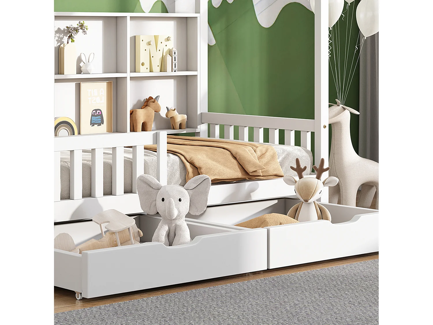 Huisbed kinderbed 90x200 cm van massief grenenhout, wit, met opbergrek en 2 lades