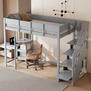 Hoogslaper 90×200 cm van massief grenenhout, grijs, met opbergrek en trap met opbergruimte